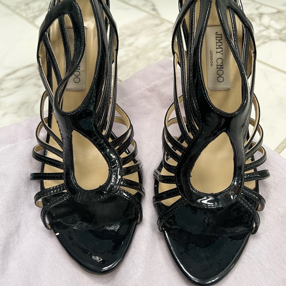 Jimmy Choo Shoes - Jimmy Choo sz 41 black patent leather Samoa heels w gold accent zippers